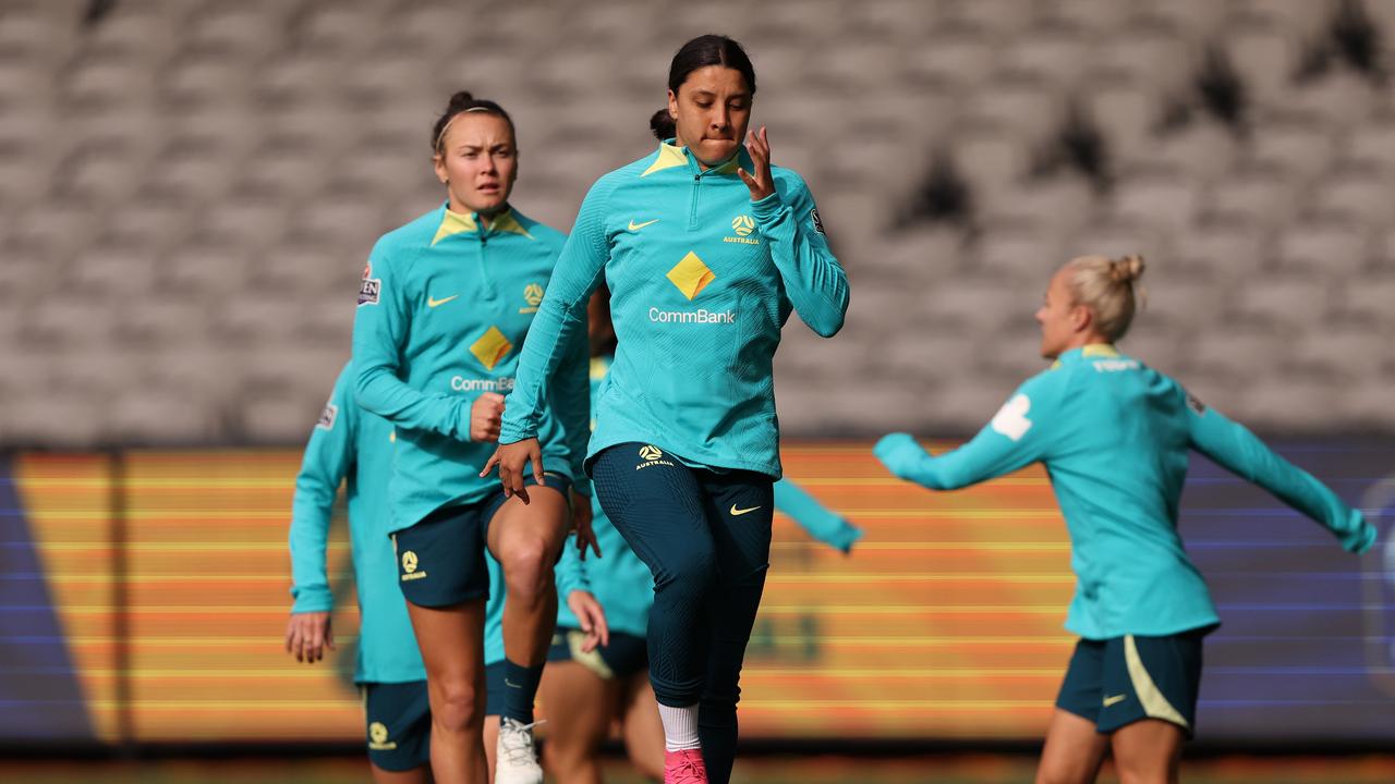 Sam Kerr (C) holds the key to Australia’s hopes, but in Caitlin Foord (L) she’s found the perfect foil. Picture: Getty