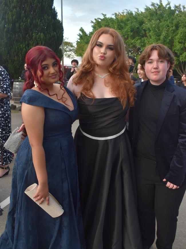 Rania Ali, Mack McDowell and Jeanelle Peyroux at Runcorn State High School 2023 formal. Photos: Georgie Walker.