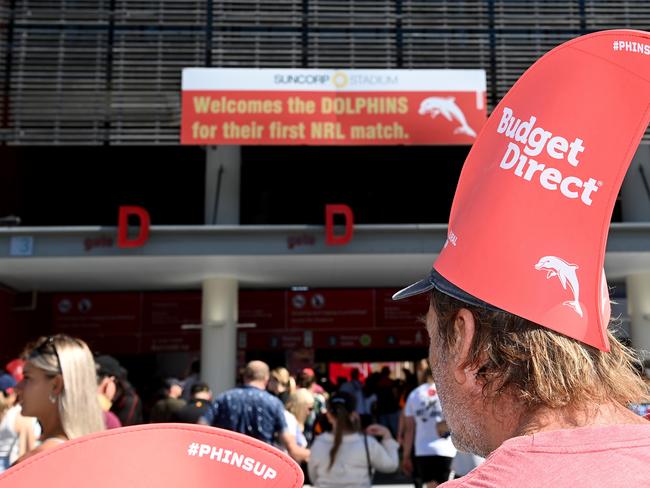 BRISBANE, AUSTRALIA - MARCH 05: Dolphins fans enter the stadium before the round one NRL match between the Dolphins and Sydney Roosters at Suncorp Stadium on March 05, 2023 in Brisbane, Australia. (Photo by Bradley Kanaris/Getty Images)
