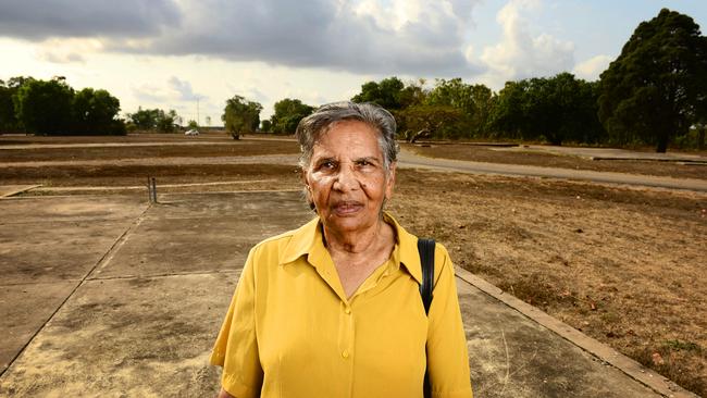 Gurindji woman Lorna Cubillo, pictured here at age 76, who was taken as a child from her home lands and put in the old Retta Dixon home at Bagot reserve. She is pictured at the Retta Dixon site on the corner of Bagot and Totem Rd where the Royal Commission held a viewing.