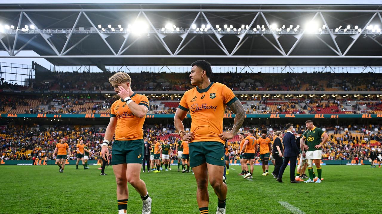 Tate McDermott (left) and Len Ikitau reflect on the Wallabies’ loss to South Africa in Brisbane. Picture: Morgan Hancock/Getty Images