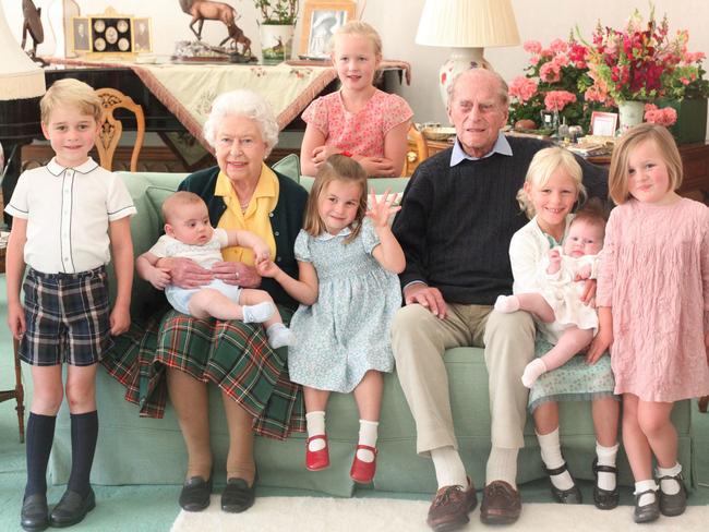 The Queen and Prince Philip with the future generation — their great-grandchildren. Picture: Duchess of Cambridge/AFP