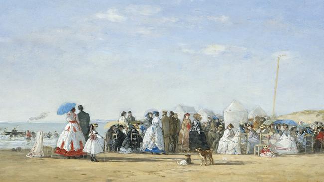 Detail: Eugène Louis Boudin, Fashionable figures on the beach, 1865, oil on panel, 35.5 x 57.5 cm Museum of Fine Arts, Boston. Gift of Mr. and Mrs. John J. Wilson. Photography © Museum of Fine Arts, Boston.