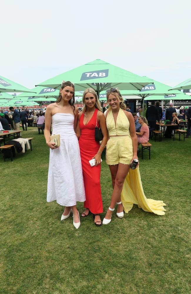 Bella, Maddie and Olivia at Seppelt Wines Stakes Day 2024 at Flemington Racecourse. Picture: Gemma Scerri