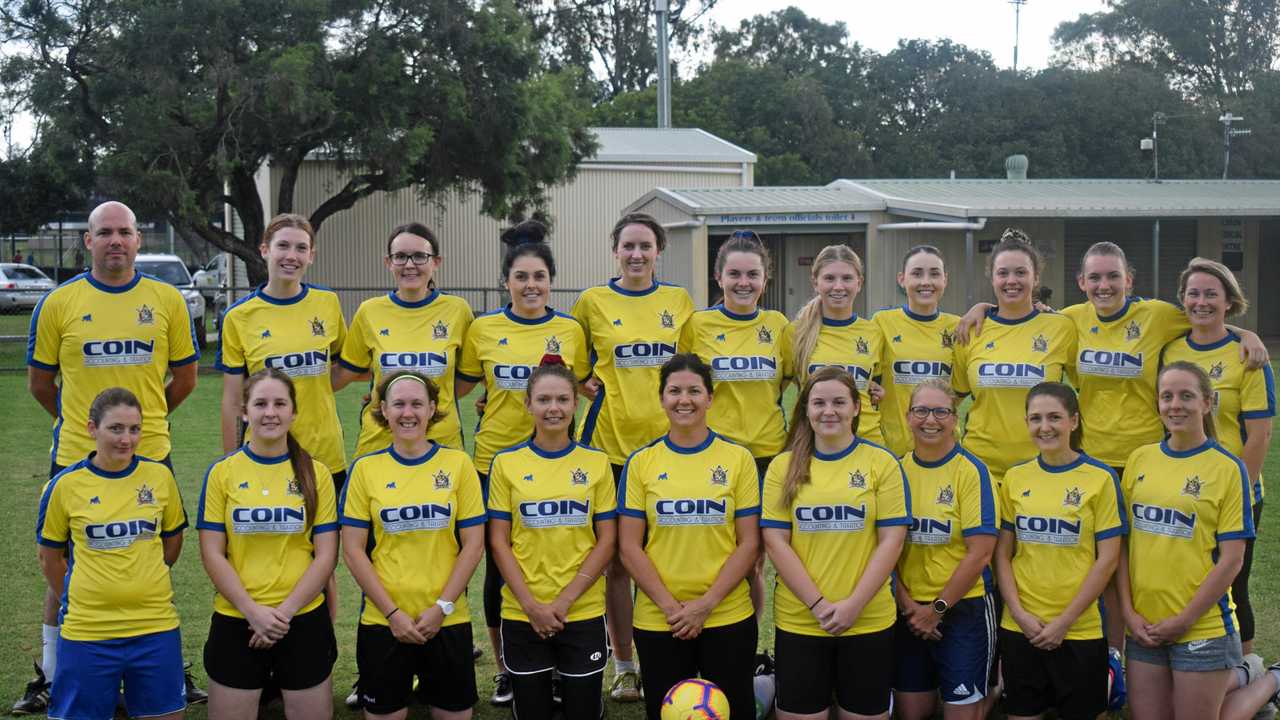 READY: 2019 Gympie United Gladiators women's squad (back from left) coach Joel Albion, Jaidyn Dennien, Adrienne Bell, Chloe Vidler, Aimee Tramacchi, Georganna Williamson, Tiahni Webber, Tara Bartley, Madison Keating, Laura Byrne, Courtney Cross, (front from left) Kylie Rason, Brooke Grima, Kylie Wheeler, Sammie Sutton, Stacey Mochalski, Casey Stringer, Tanya Albion, Sam Bradshaw, Zoe Morrison. Picture: Josh Preston