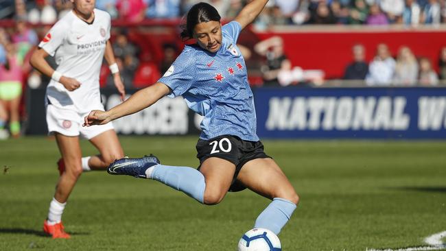 Sam Kerr scores for the Chicago Red Stars against Portland Thorns FC during the NWSL playoffs on Sunday Picture: AP