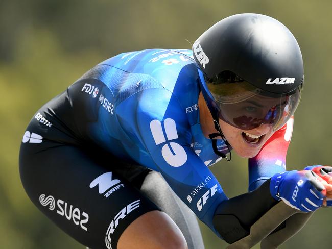 BALLARAT, AUSTRALIA - JANUARY 04: Grace Brown sprints during the Elite and U23 WomenÕs Individual Time Trial as part of the Australian Road National Championships on January 04, 2024, in Ballarat, Australia. (Photo by Josh Chadwick)