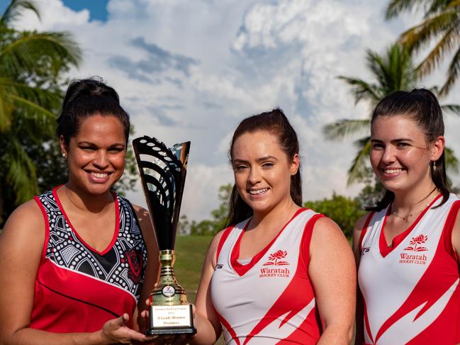 Candice Liddy-Stokes from Commerce-Pints Redbacks, and Elle Richardson and Lucy Barrett both from Waratahs Hockey Club ahead of the 2021 Darwin Hockey Grand Final. Picture: Paul Markou