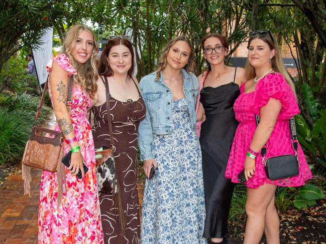 (From left) Amber Humm, Belinda Platell, Kara-Shae Ellers, Shelley Mowbray and Kara Wilkinson. Weetwood Raceday at Toowoomba Turf Club. Saturday, September 28, 2024. Picture: Nev Madsen.