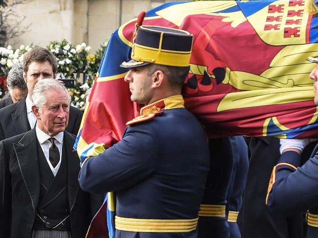 (L-R) Prince Lorenz of Belgium, Princess Astrid of Belgium, Princess Muna of Jordan, Queen Anne-Marie of Greece and Prince Charles of Wales attend the funeral ceremony for late King Michael of Romania at the former Royal Palace in Bucharest December 16, 2017.  Thousands of Romanians paid their last respects to beloved former king Michael, who died last week aged 96, at the Royal Palace in Bucharest. Michael, who had been one of the last surviving World War II leaders, passed away in Switzerland following a battle with leukaemia on December 5, 2017.  / AFP PHOTO / DANIEL MIHAILESCU