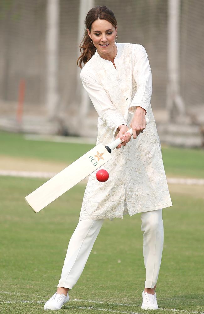 Kate plays cricket during her visit at the Pakistan Cricket Academy in Lahore. Picture: Ian Vogler — Pool/Getty Images