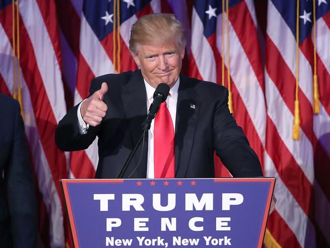 Donald Trump acknowledges the crowd during his acceptance speech. Picture: Mark Wilson/Getty Images/AFP