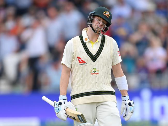 LEEDS, ENGLAND - JULY 06: Steve Smith of Australia leaves the field after being dismissed by Stuart Broad of England during Day One of the LV= Insurance Ashes 3rd Test Match between England and Australia at Headingley on July 06, 2023 in Leeds, England. (Photo by Stu Forster/Getty Images)