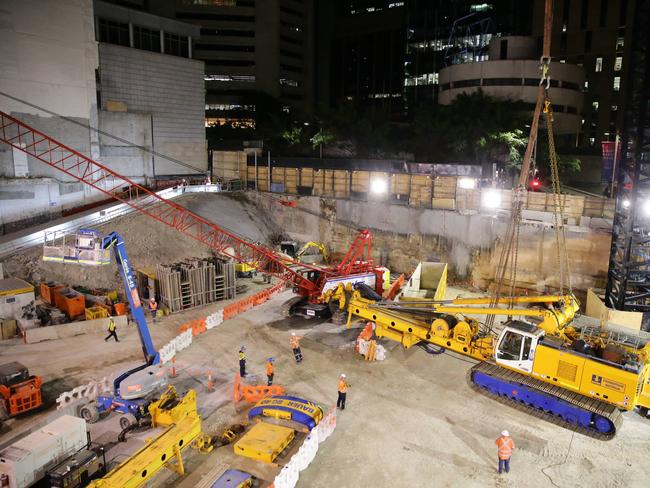 There is a deep excavation in Martin Place ready for the Sydney Metro rail system. Picture: Bill Hearne