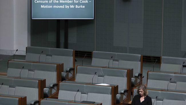 CANBERRA, AUSTRALIA - NewsWire Photos NOVEMBER 30, 2022: Bridget Archer sits alone in the chamber during a censure motion of former Prime Minister Scott Morrison, over the secret minister scandal, in Parliament Ãâ¢House in Canberra.Picture: NCA NewsWire / Gary Ramage