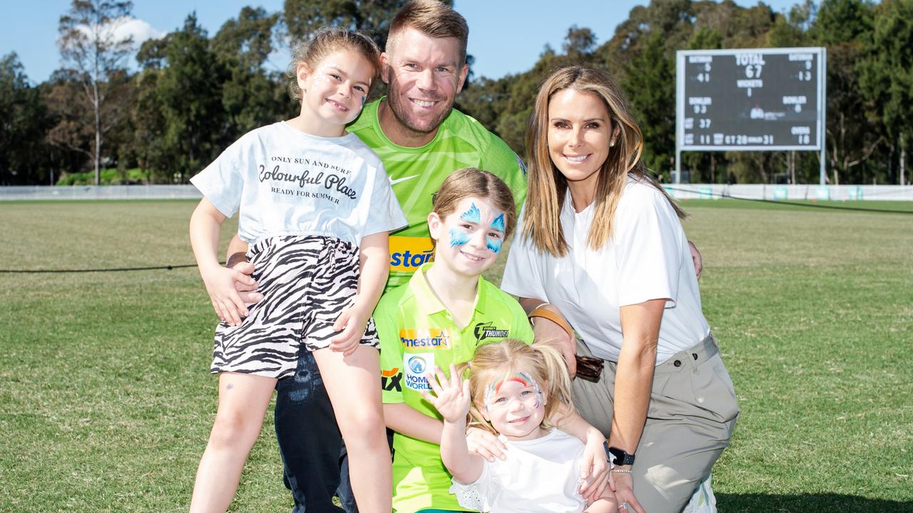 David Warner with his wife, Candice, and their kids after the Sydney Thunder Big Bash League, Cricket Press Conference, 21 August 2022. Picture: Ian Bird/CNSW.