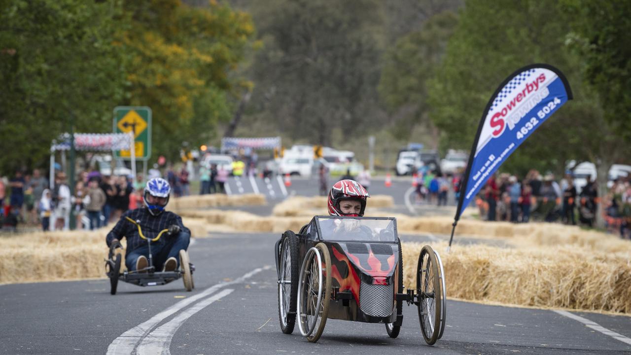 Alex Atwell leads in a senior class of the Greenmount Billy Cart Challenge, Saturday, November 25, 2023. Picture: Kevin Farmer