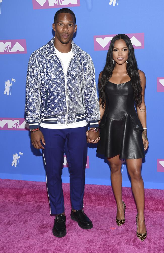 Victor Cruz, left, and Karrueche Tran arrive at the MTV Video Music Awards at Radio City Music Hall on Monday, Aug. 20, 2018, in New York. Picture: Evan Agostini/Invision/AP