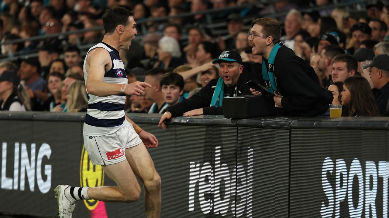 Jeremy Cameron of the Cats celebrates a goal during the 2024 AFL Second Qualifying Final match between the Port Adelaide at Adelaide Oval. Picture: James Elsby/AFL Photos via Getty Images.