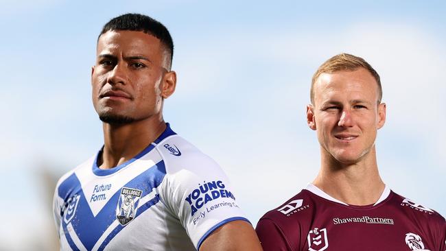 SYDNEY, AUSTRALIA - SEPTEMBER 09: (L-R) Stephen Crichton of the Canterbury-Bankstown Bulldogs and Daly Cherry-Evans of the Manly-Warringah Sea Eagles pose during the 2024 NRL Telstra Premiership Finals Series Launch at Hickson Reserve on September 09, 2024 in Sydney, Australia. (Photo by Mark Metcalfe/Getty Images)