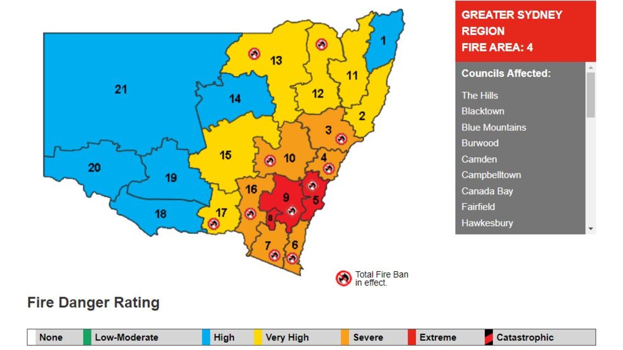 The fire danger ratings across NSW including total fire ban areas on December 31, 2019. Picture: NSW RFS