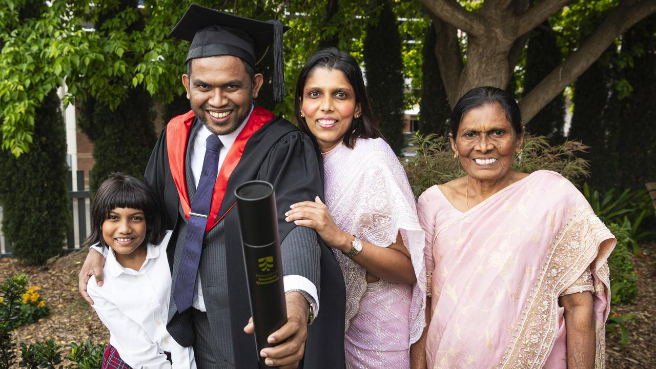 Master of Cyber Security graduate Pathirage Sajith Harsha with family (from left) Ahasna Pathirage, Harshanie Dahanayake and Shanthinie Dahanayake at UniSQ graduation ceremony at The Empire, Tuesday, October 29, 2024. Picture: Kevin Farmer