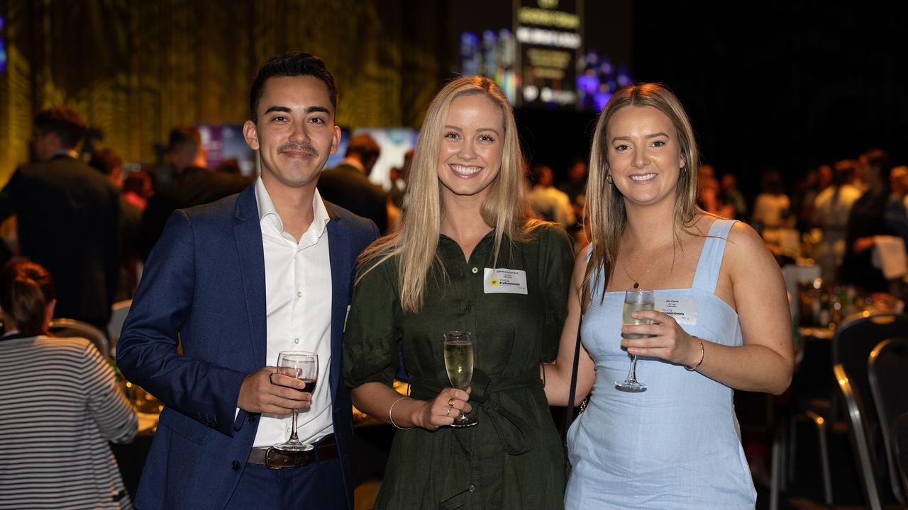 Brock Van Der Korput, Dakota-Lily Sanders, Ałły Evans at the YP Gold Coast City Leaders Forum, 2023. Picture: Celeste Humphrey