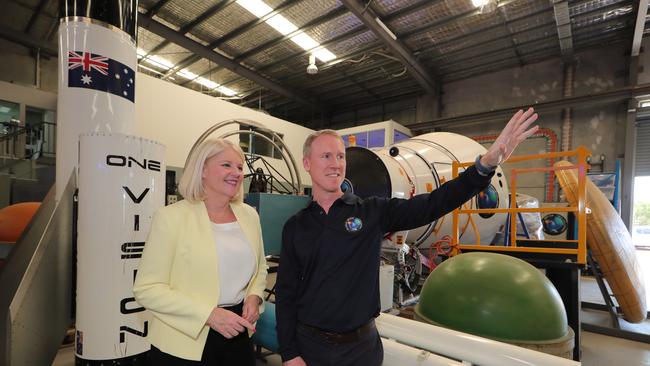 Minister for Industry, Science and Technology and Gold Coast MP Karen Andrews visited local space company Gilmour Space Technologies with CEO Adam Gilmourto. Picture: Glenn Hampson.