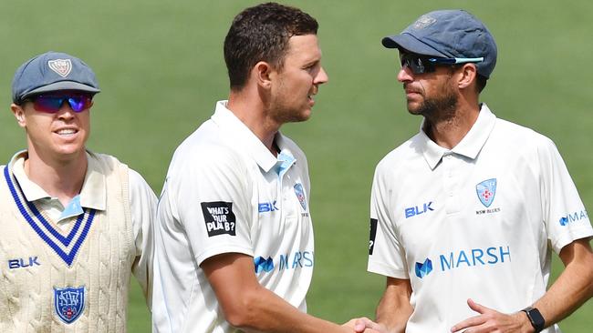 Josh Hazlewood of the Blues celebrates a dismissal with Trent Copeland.