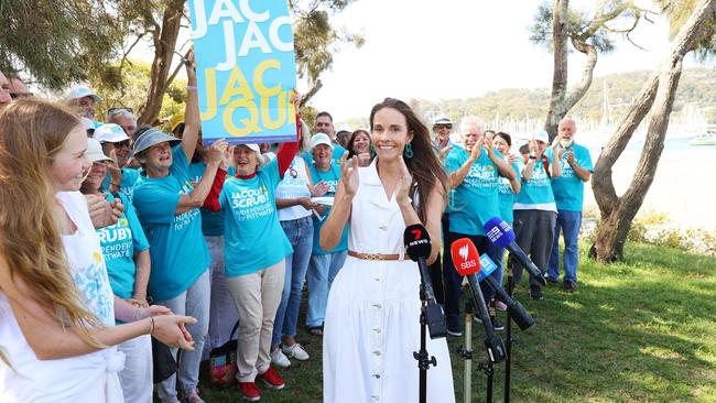 Independent Jacqui Scruby, backed by her supporters, speaks to the press at Bayview Scout Hall, a day after the Pittwater by-election where she attracted more than 56 per cent of the two-party preferred vote. Picture: John Feder/The Australian