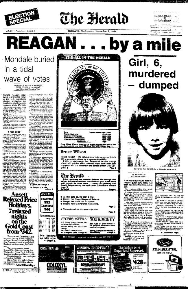 Front page of The Herald following the kidnap and murder of Kylie Maybury on Melbourne Cup day, 1984.