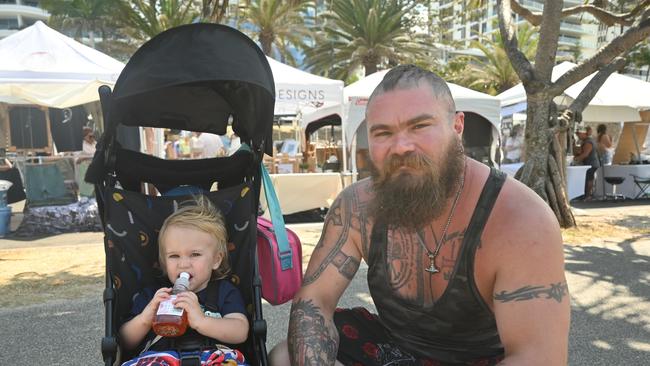 James, 15 months, and Kyle Eldridge at the Mooloolaba Foreshore Festival. Picture: Tegan Annett