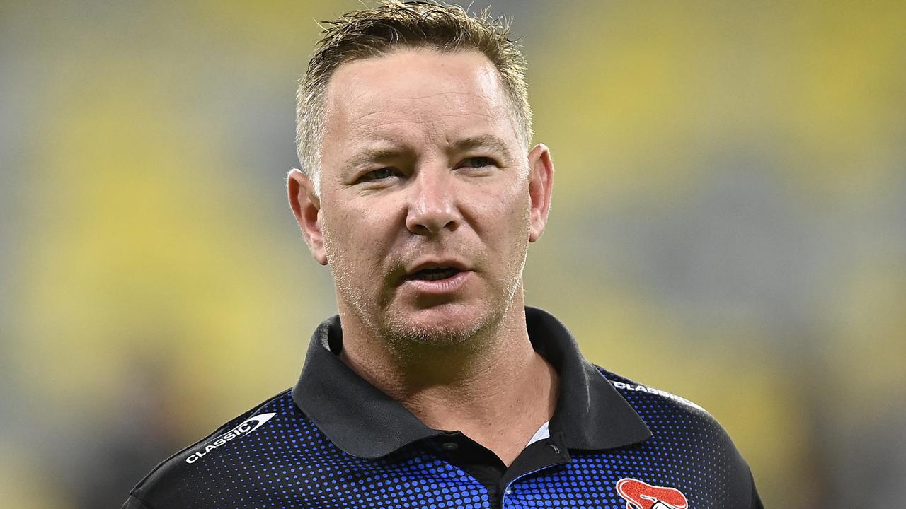 TOWNSVILLE, AUSTRALIA - APRIL 22: Newcastle coach Adam O'Brien looks on before the start of the round eight NRL match between North Queensland Cowboys and Newcastle Knights at Qld Country Bank Stadium on April 22, 2023 in Townsville, Australia. (Photo by Ian Hitchcock/Getty Images)