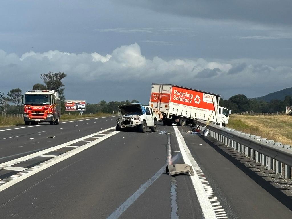 The Bruce Hwy is cut in both directions near Maryborough following a serious crash between a truck and car on Thursday, July 4, 2024.