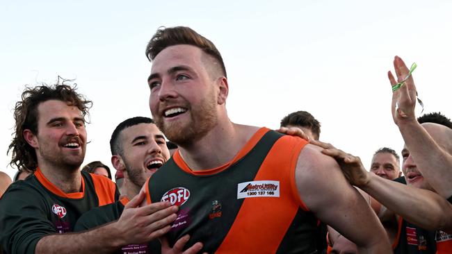 Keilor ParkÃs Daylan Kempster is congratulated after winning best on ground after winning the EDFL Division 2 Grand Final between Keilor Park and Oak Park in Essendon, Saturday, Sept. 3, 2022. Picture: Andy Brownbill