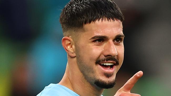 MELBOURNE, AUSTRALIA - APRIL 10: Marco Tilio of Melbourne City celebrates his second goal during the round 23 A-League Men's match between Melbourne City and Wellington Phoenix at AAMI Park on April 10, 2023 in Melbourne, Australia. (Photo by Graham Denholm/Getty Images)