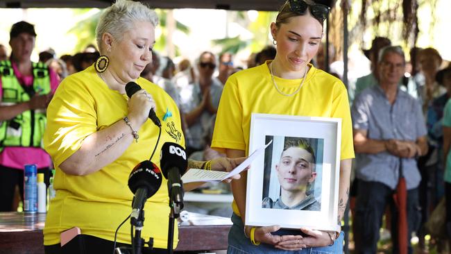 Mother and sister of stabbing victim Declan Laverty, Samara Laverty and Bridget Laverty speak at the Rally for Justice protest, organised in response to the sickening crime of an alleged gang rape of a woman at knifepoint in her own home on Friday, February 21. Picture: Brendan Radke