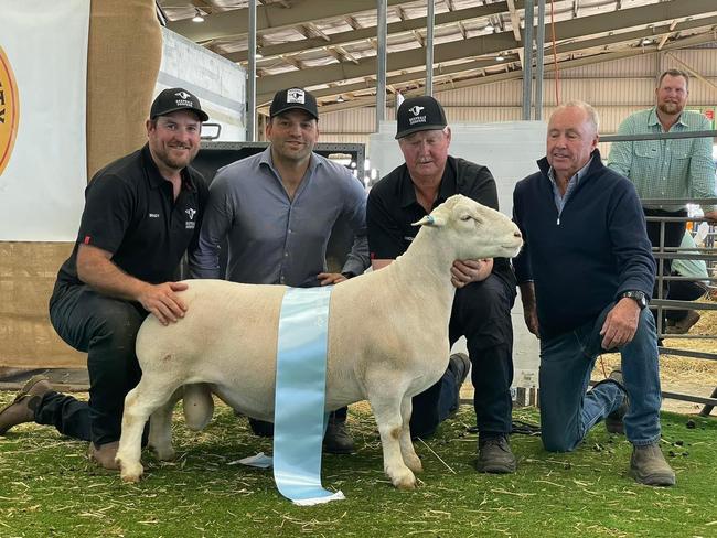 Brady Bowen, James Hardwick and Wicus Cronje of Deepdale Dorpers with their supreme exhibit at the national show in Dubbo, NSW, and Dorper Sheep Society Of Australia 2024 Show judge David Curtis.