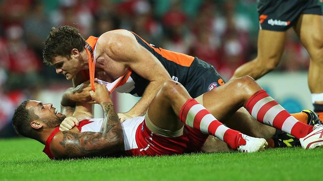Heath Shaw and Lance Franklin face off during the Sydney derby. Picture: Phil Hillyard