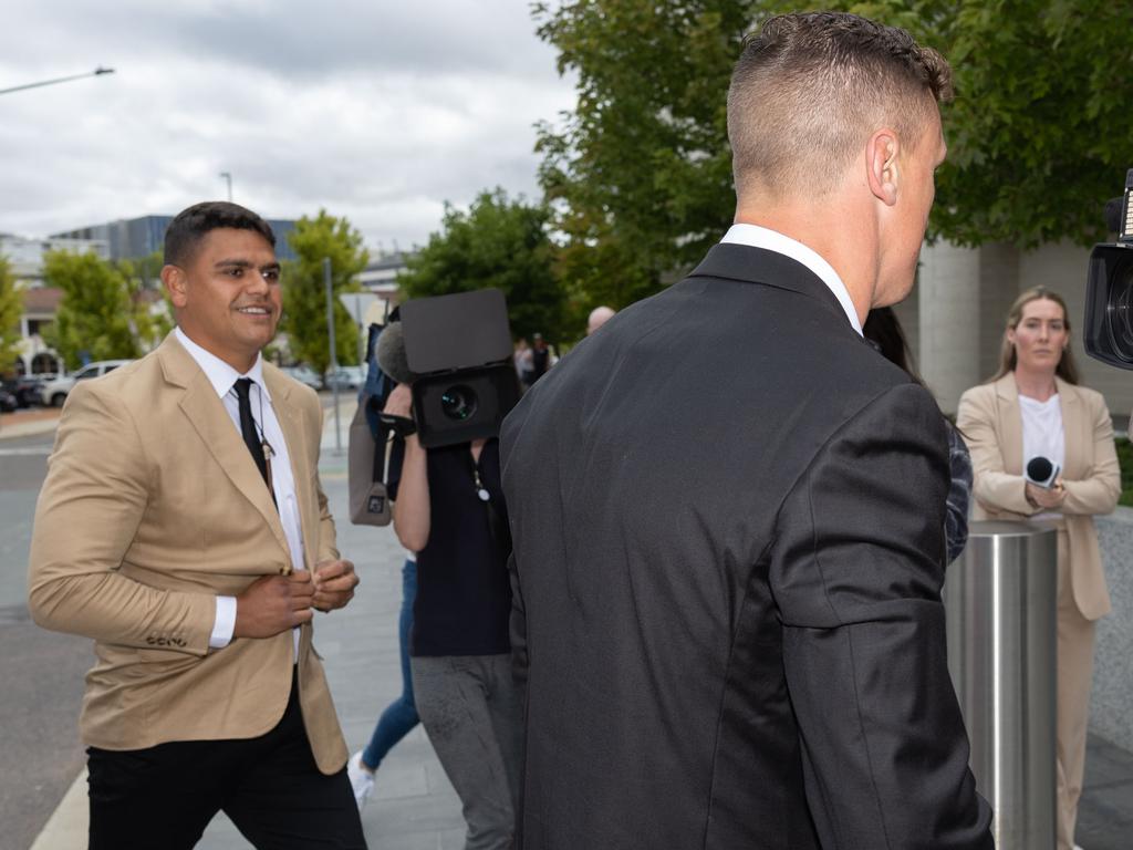 Latrell Mitchell and Jack Wighton head into ACT Magistrates Court. Picture: NCA NewsWire/Gary Ramage