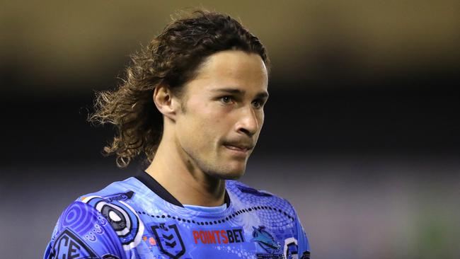 SYDNEY, AUSTRALIA - JUNE 03: Nicholas Hynes of the Sharks warms up prior to the round 14 NRL match between Cronulla Sharks and Brisbane Broncos at PointsBet Stadium on June 03, 2023 in Sydney, Australia. (Photo by Jeremy Ng/Getty Images)