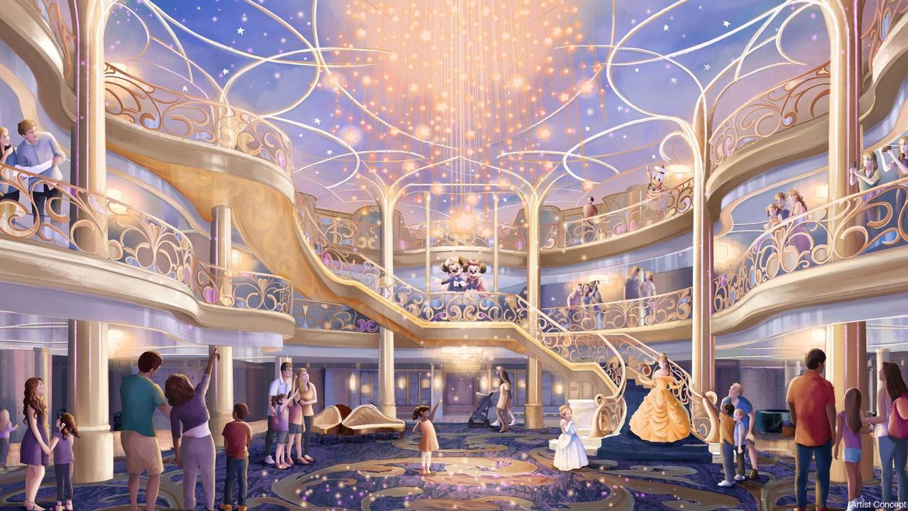 An illustrated rendering of the atrium of the future Disney Wish ship. Picture: Disney