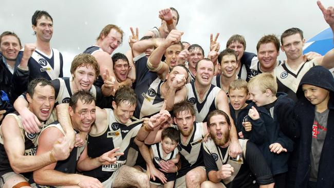 Shaun Harper, second from left in bottom row, kicked a century of goals when Mitta United won the 2005 Tallangatta and District league grand final under coach Peter Copley.