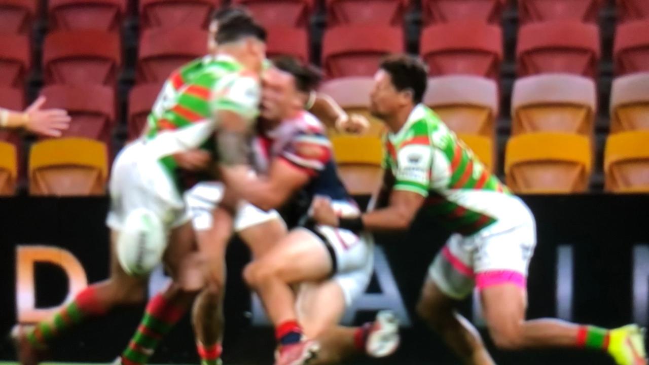 Garry Jack didn’t agree with Gus Gould’s take on Latrell Mitchell’s hit on Joey Manu.