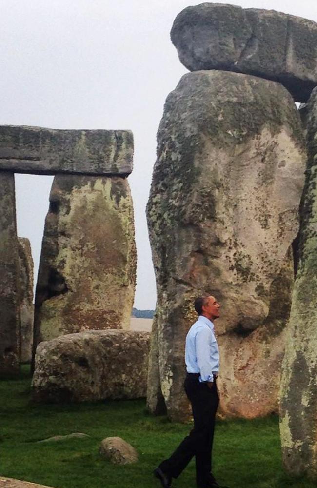 Enduring presence ... US President Barack Obama walks through Stonehenge in Amesbury, Wiltshire, England, on September 5. Source: AFP