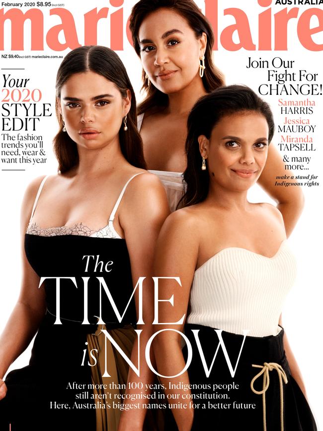 Samantha Harris, Jessica Mauboy and Miranda Tapsell on the cover of marieclaire magazine’s February 2020 issue calling for indigenous constitutional reform.