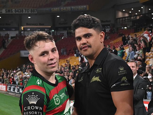 (L-R) South Sydney may struggle to fit both Blake Taaffe and Latrell Mitchell into the starting line-up. Picture: Bradley Kanaris/Getty Images