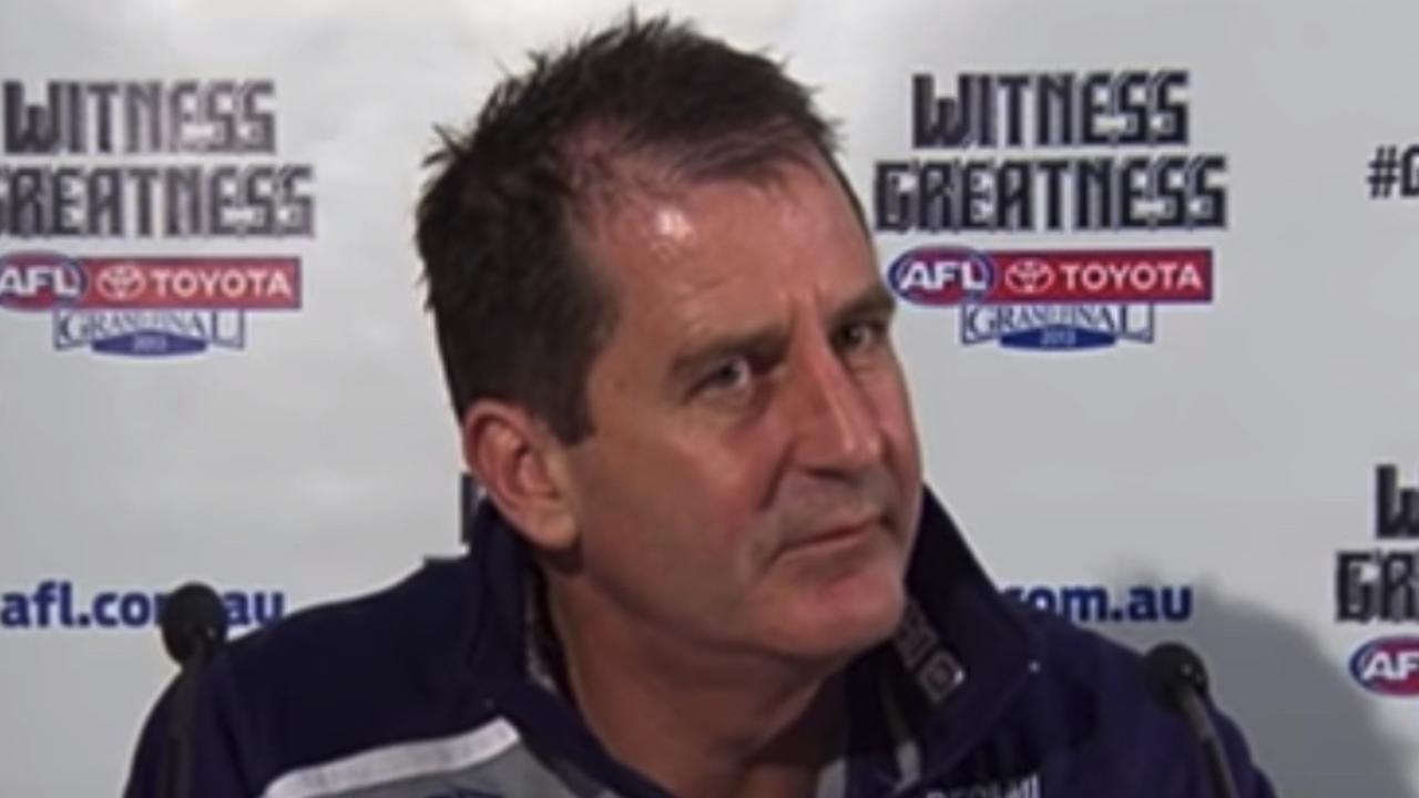 Former Fremantle coach Ross Lyon gave the death stare to a reporter following a Qualifying Final win in 2013.