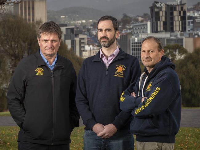 United Firefighters Union Australia, Branch President Mark Dobson, Industrial Organiser Stephen McCallum and Branch Secretary and National President Leigh Hills in Hobart. Picture: Chris Kidd