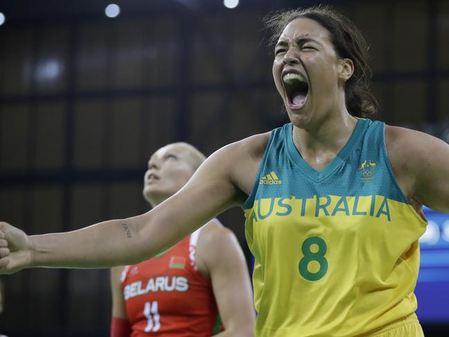 Australia center Liz Cambage reacts after making a basket and receiving a foul during the second half of a women's basketball game against Belarus at the Youth Center at the 2016 Summer Olympics in Rio de Janeiro, Brazil, Saturday, Aug. 13, 2016. Australia defeated Belarus 74-66. (AP Photo/Carlos Osorio)